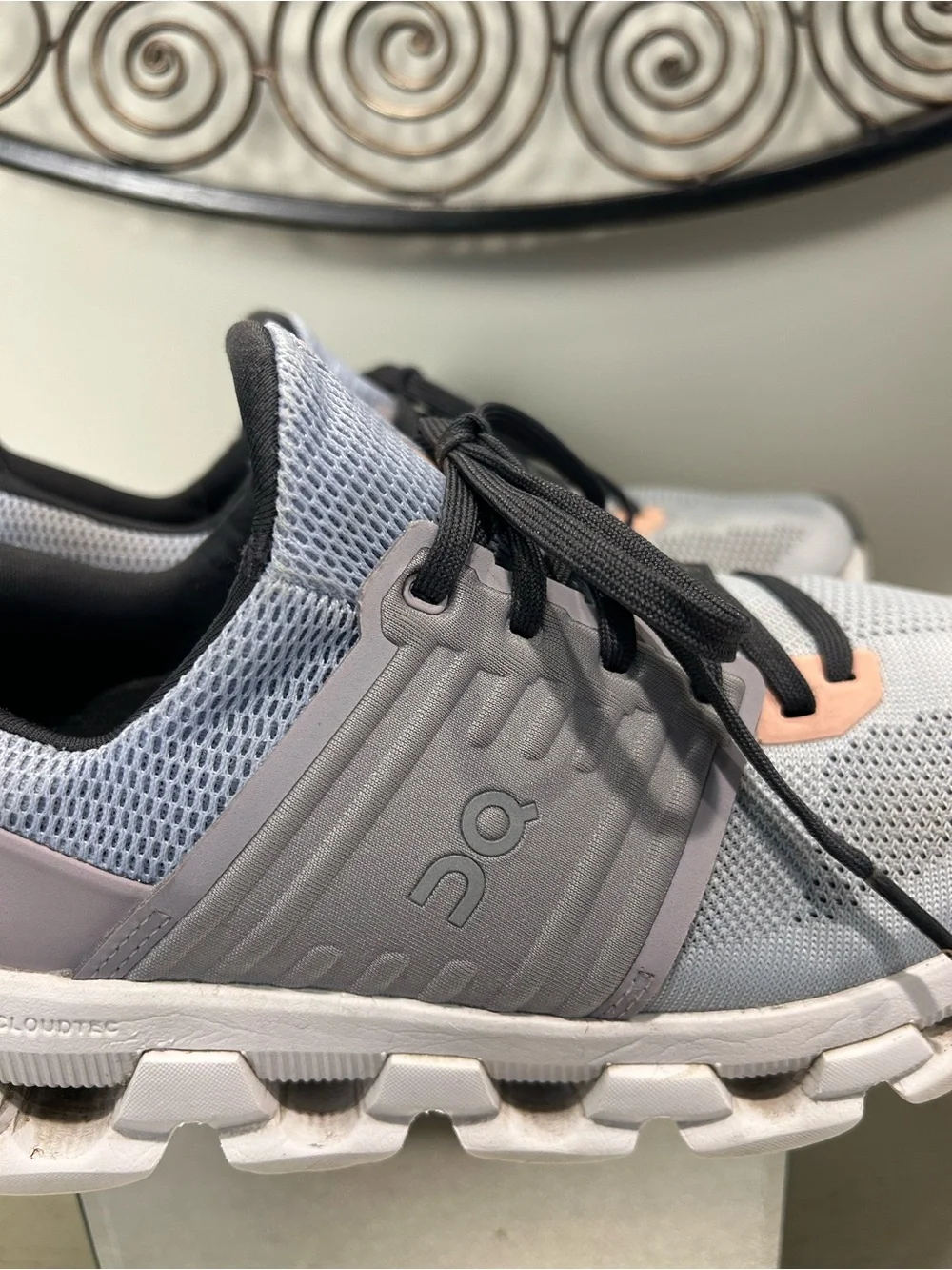 On Running women's Athletic Cloud Shoes in Light Grey with Blush Accents